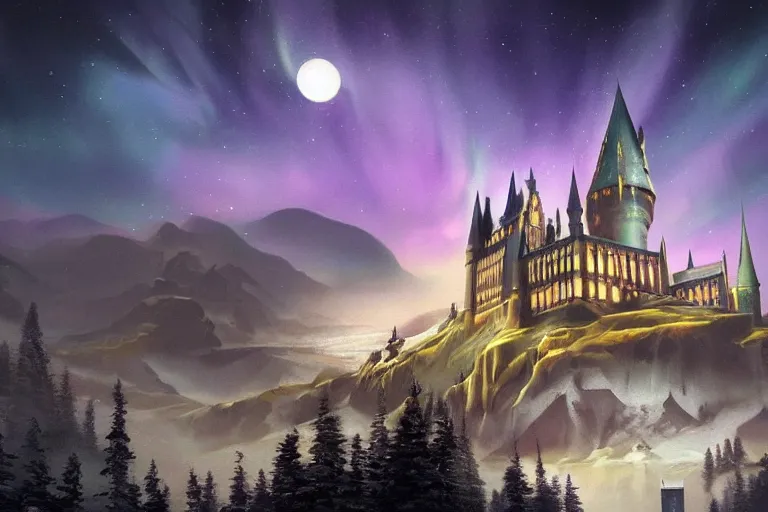 Image similar to mysterious painting of Hogwarts under the northern lights, immaculate scale, hyper-realistic, Unreal Engine, Octane Render, digital art, trending on Artstation, 16k, detailed, atmospheric, immaculate