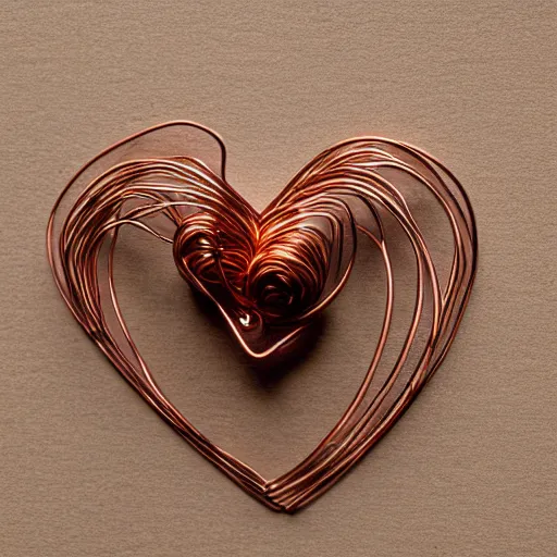 Image similar to a very beautiful tiny human heart organic sculpture made of copper wire and threaded pipes, very intricate, curved. studio lighting, high resolution, high quality, black background