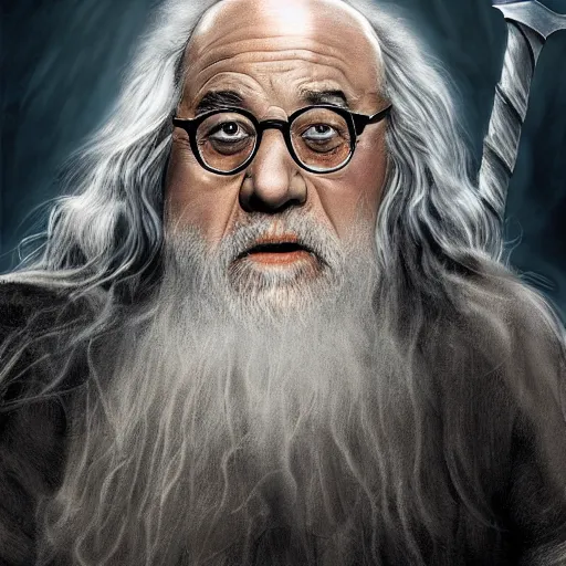 Prompt: danny devito as gandalf the white, lord of the rings movie, full body, high quality, wide angle, illustration, digital art, full color