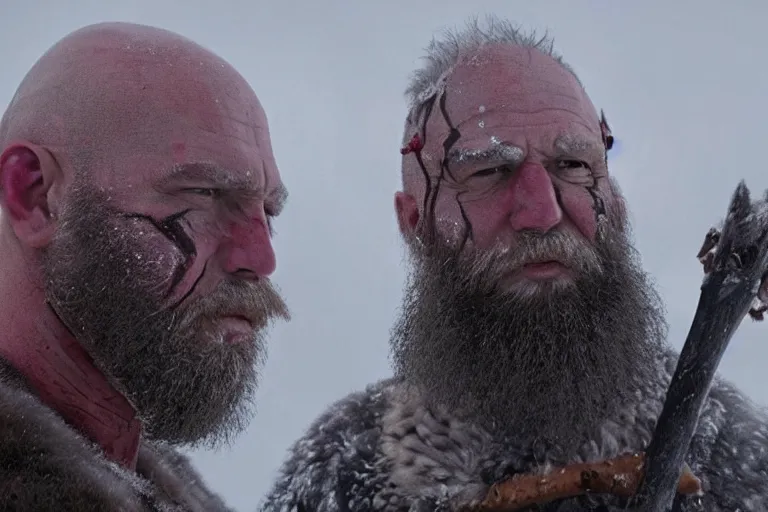 Image similar to vfx movie tough bald man in furs, natural grizzled skin, streaks of red face paint grey beard, holding two detailed viking axes, in snowy tahoe by emmanuel lubezki