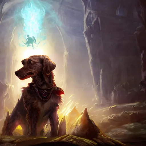 Image similar to Dog, Anthropomorphized, casting epic spell, magic the gathering artwork, D&D, fantasy, cinematic lighting, centered, symmetrical, highly detailed, digital painting, artstation, concept art, smooth, sharp focus, illustration, volumetric lighting, epic Composition, 8k, art by Akihiko Yoshida and Greg Rutkowski and Craig Mullins, heroic pose, oil painting, cgsociety, magic lab background