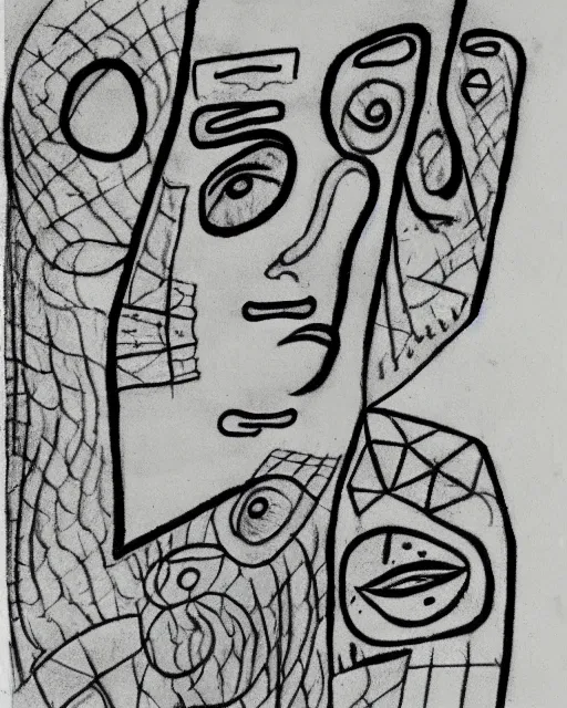 Image similar to portrait of a demon. Line drawing by Jean Cocteau. Ink on paper by Paul Klee.