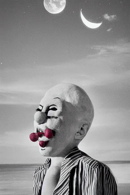 Image similar to clown, eating fish, moon, high res, sky diamonds, film grain