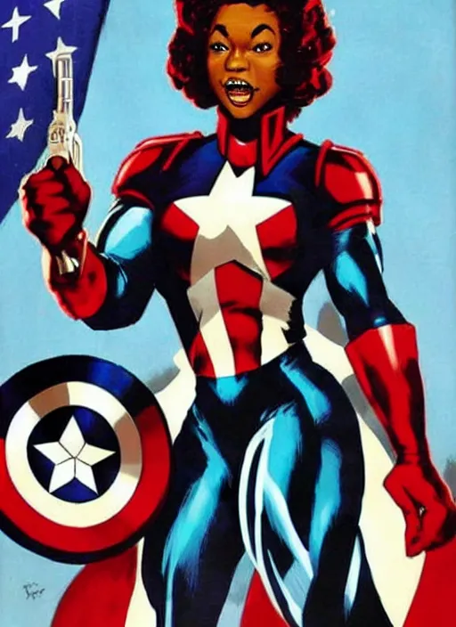 Image similar to beautiful black female captain america. afro - feminist captain america wins wwii. american wwii propaganda poster by james gurney, rob liefeld and pixar. gorgeous face. overwatch, realistic. black power