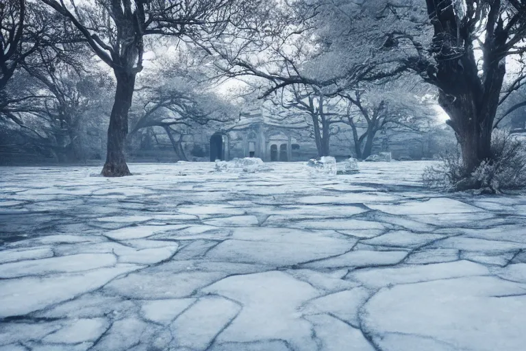 Image similar to a landscape with palace, a very windy and cold place, everything is made out of ice, snowing, cinematic lighting