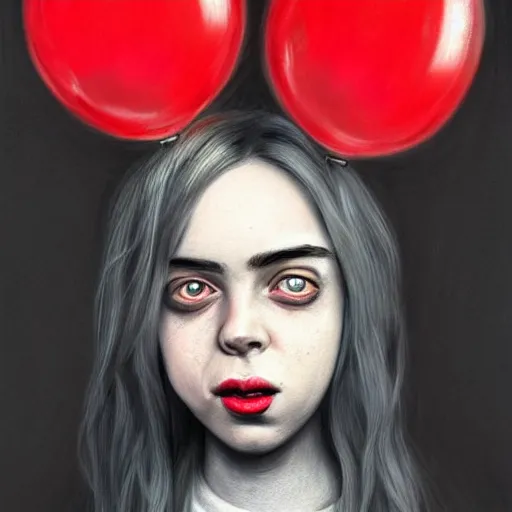 Prompt: surrealism grunge cartoon portrait sketch of billie eilish with a wide smile and a red balloon by - michael karcz, loony toons style, my little pony style, horror theme, detailed, elegant, intricate