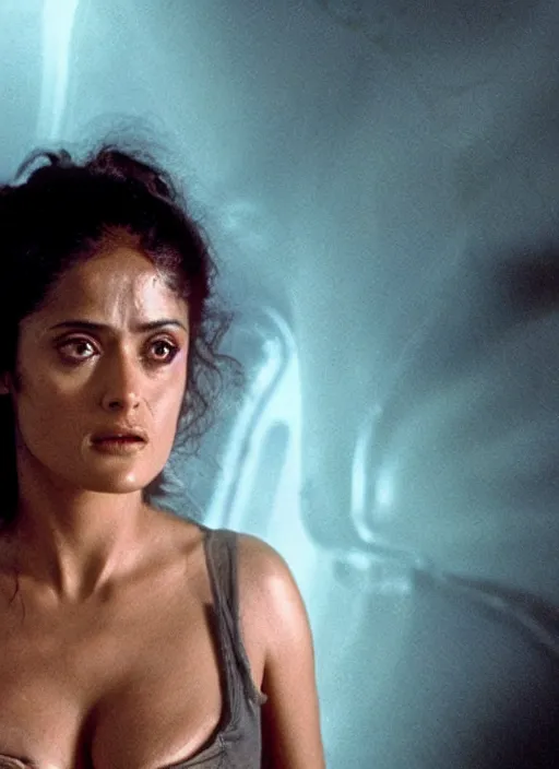 Image similar to film still of salma hayek in the movie Alien, captured in a creamy alien substance, scary, cinematic shot, 4k.