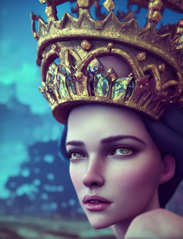 Prompt: blurred background. close-up portrait of a goddess in crown, by Artem Chebokha by Anka Zhuravleva, Anato Finnstark and Alena Aenami, Angus McKie, Anton Fadeev, octane render, unreal engine, cinematic counter light, high detail, octane render, 4k