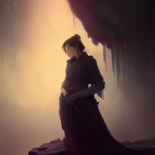 Prompt: dreamscape, digital painting of a sad mourning woman, epic composition, dark background, very detailed, 8 k, in the style of fenghua zhong and ruan jia and jeremy lipking and peter mohrbacher, mystical colors, rim light, beautiful lighting, 8 k, stunning scene, raytracing, octane, trending on artstation