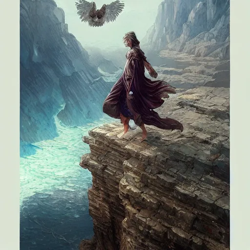 Image similar to angel protecting man falling from a cliff, detailed intricate ink illustration, happy atmosphere, detailed illustration, hd, 4k, digital art, overdetailed art, by greg rutkowski, by loish, complementing colors, Trending on artstation, movie poster style