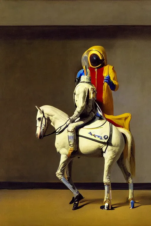 Prompt: a man dressed a horse riding, horse dressed astronaut, hauntingly surreal, highly detailed painting by francis bacon, edward hopper, adrian ghenie, gerhard richter, and james jean soft light 4 k,