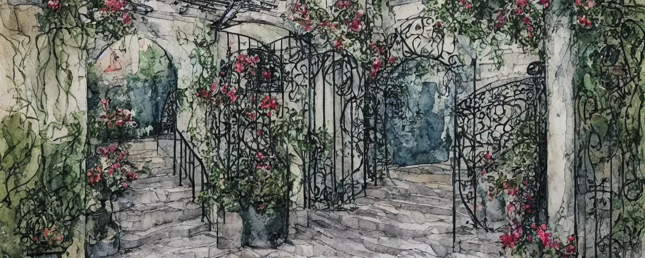 Prompt: courtyard walkway, night castle, stairway, chairs, wrought iron, gate, tree, delicate, botanic garden, garden road, botanical herbarium paper, watercolor colored painting, iridescent colors, 8 k, realistic shaded, fine details, artstation, italian style, colonnade, huge flower