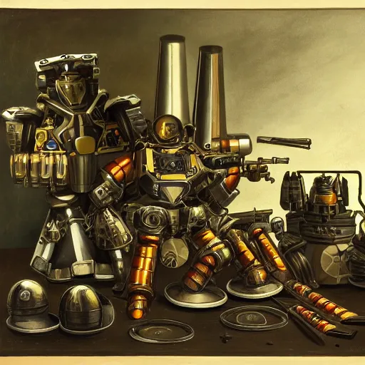 Prompt: Still life of a combat mech surrounded by its weapons, shiny reflective metal, lots of shiny glass, inspired by Pieter Claesz