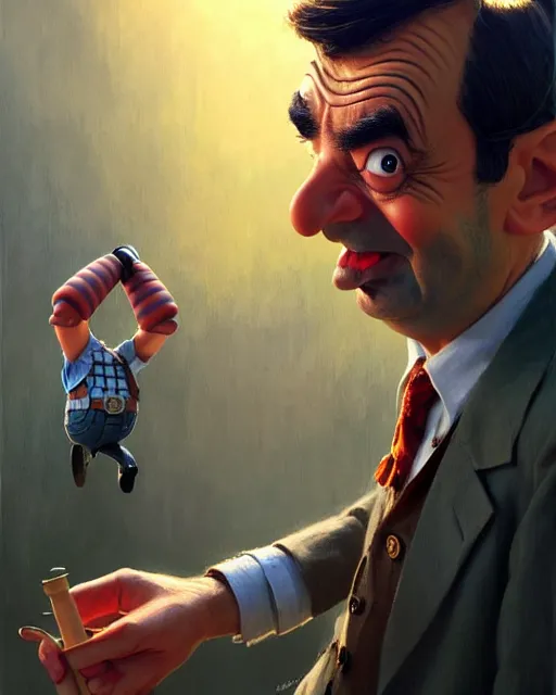 Prompt: mr bean dressed as woody from toy story, fine details, realistic shaded lighting poster by greg rutkowski, magali villeneuve, artgerm, jeremy lipkin and michael garmash and rob rey