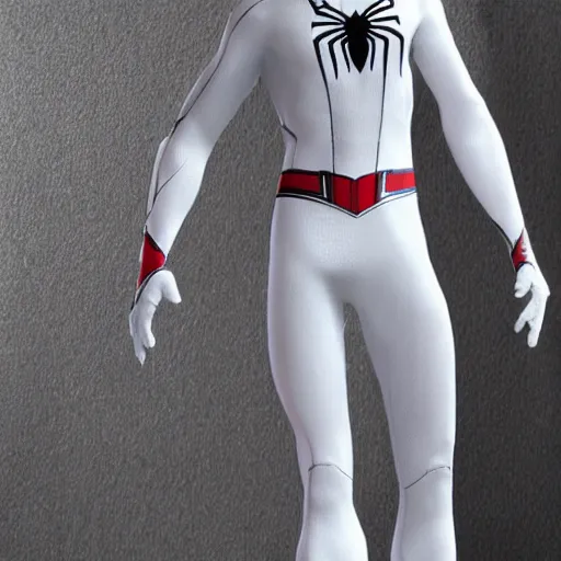 Image similar to white spider - man suit with black web lining, cinematic, volumetric lighting, realistic, hyperdetailed, photorealistic, photograph