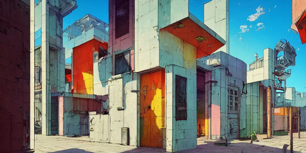 Prompt: neo brutralism, concrete housing, an archway, pathways, stairs, concept art, colorful, vivid colors, sunshine, light, shadows, reflections, oilpainting, cinematic, 3D, in the style of Akihiko Yoshida and Edward Hopper