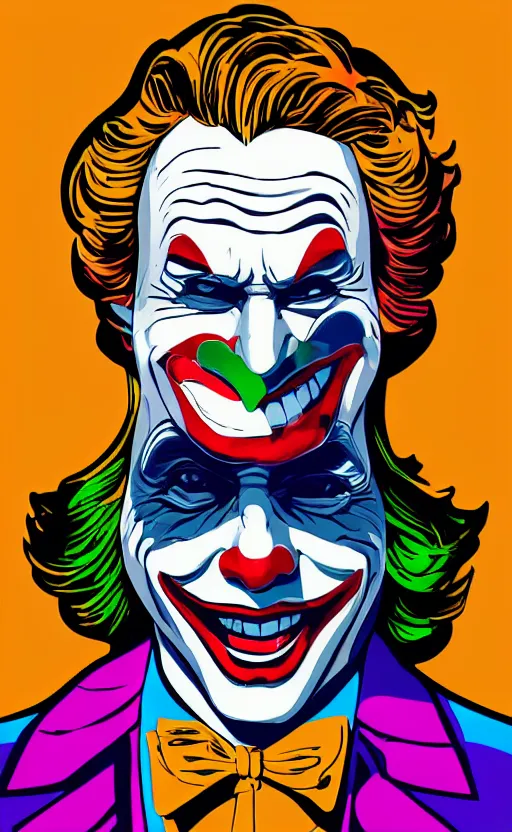 Image similar to individual joker portrait fallout 7 6 retro futurist illustration art by beeple, sticker, colorful, illustration, highly detailed, simple, smooth and clean vector curves, no jagged lines, vector art, smooth andy warhol style