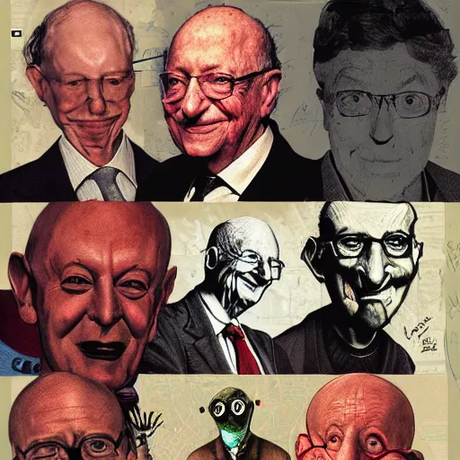 Image similar to Jacob Rothschild and george soros and bill gates and Klaus Schwab by Ralph Steadman, dollar bills, body horror, evil, scribbles biopunk, 8k , trending on artstation