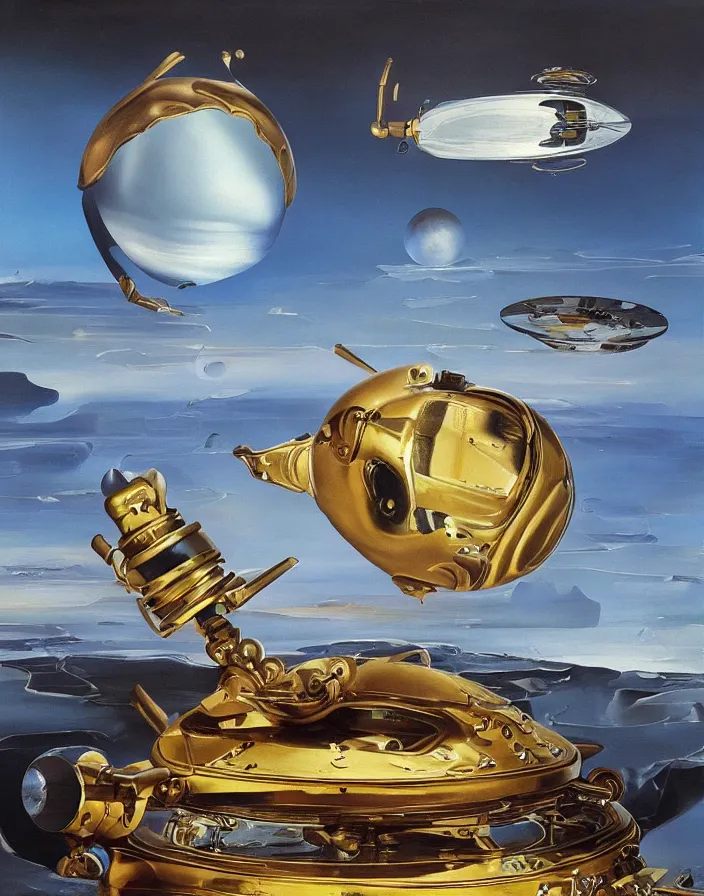 Image similar to Dream Bot Mothership oil painting by Salvador Dalí. Cinematic, hyper realism, high detail, octane render, 8k
