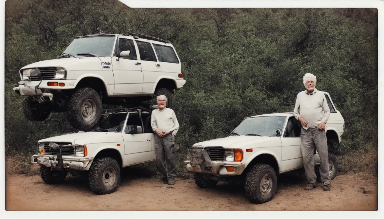 Prompt: old, scratched polaroid picture of old white haired man posing near his extremely lifted offroad suv very detailed, 8 k