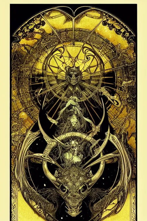 Image similar to Zodiac sign Pisces, Beautiful fish of the devil, on black paper, symmetrical, forsaken spirits, golden ratio, elements, gold, neon, baroque, rococco, white, ink, tarot card with ornate border frame, marc simonetti, paul pope, peter mohrbacher, detailed, occult symbols, intricate satanic ink illustration, by Alfons Mucha, Moebius, Charles Wess, Jeffrey Jones dynamic lighting