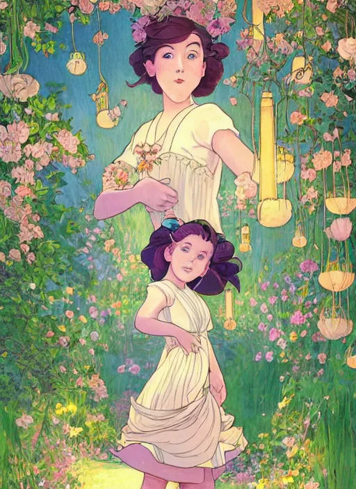 Prompt: well - lit art nouveau portrait of a 1 3 - year old girl wearing a sundress in a flower garden with lanterns at night, natural lighting, path traced, highly detailed, high quality, cartoon, digital painting, by don bluth and ross tran and studio ghibli