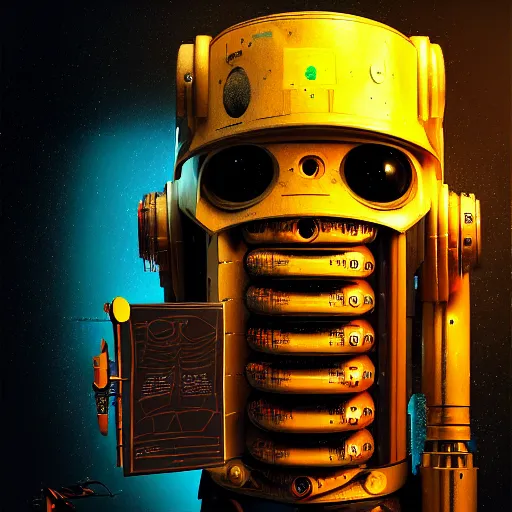 Image similar to dark scifi illustration 3 / 4 portrait of a robot reading necronomicon. cinematic lighting mad scientist style. golden ratio accidental renaissance. in the style of jean michel basquiat. graffiti art, scifi, fantasy, hyper detailed. octane render. concept art. trending on artstation