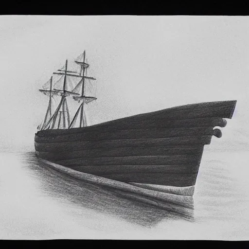 Image similar to A ship on a deserted island, realistic pencil drawing on white background