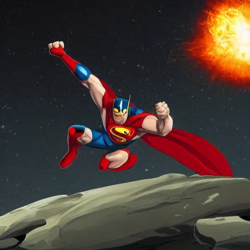 Prompt: a powerful superhero stopping an asteroid from hitting earth