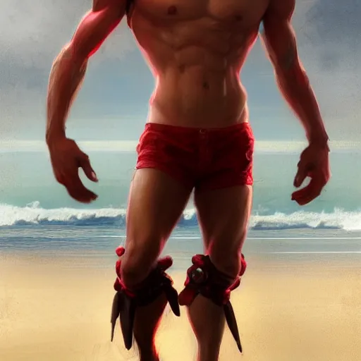 Image similar to beautiful commission of a male anthropomorphic horse wearing red shorts on the beach,digital art,art by greg rutkowski,ross tran,character design by charlie bowater,artstation,deviantart,photorealistoc,hyperdetailed,detailed face,high resolution,high quality