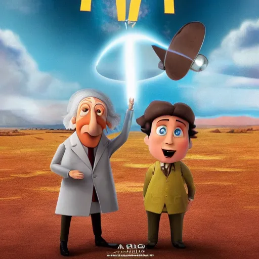 Image similar to Albert Einstein and Nikola Tesla fighting, pixar movie