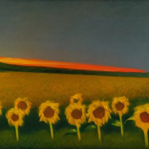 Image similar to an oil painting of a sunflower field is on fire in midnight by edward hopper