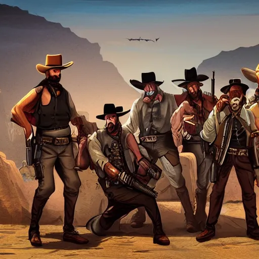 Prompt: a gang of mercenaries in the wild west, posing for a group photo, cool, stylized, colorized, concept art, key visual