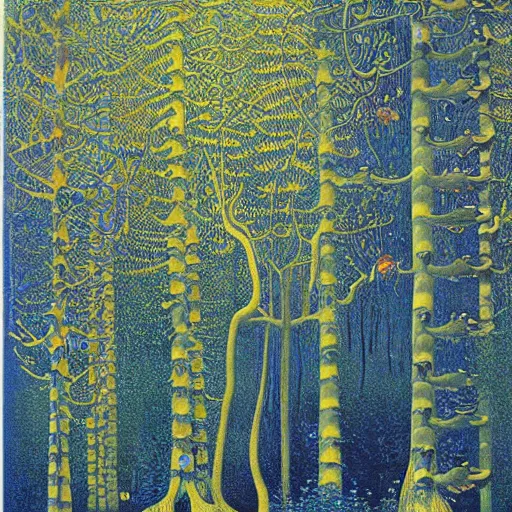 Image similar to a dark foggy golden blue forest, eerie, pulsating , Ernst Haeckel, Klimt, Henri Rousseau