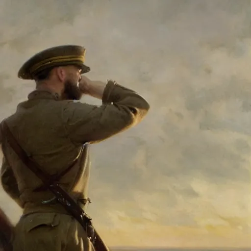 Image similar to detailed cinematic wide shot of swedish sea captain back view seeing his world war 2 battle ship attacking denmark, ultra realistic, spring light, painting by gaston bussiere, craig mullins, j. c. leyendecker