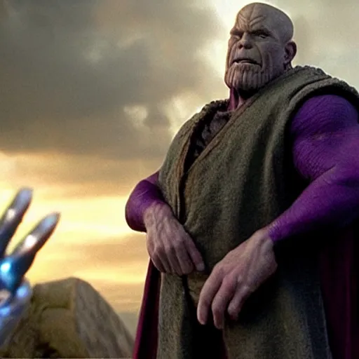 Prompt: movie still of Thanos as a hobbit in Lord of the Rings