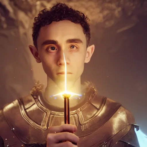 Prompt: Olly Alexander wearing a elven tunic, holding a small glowing red magical wand with electrical bolts emitting from it. In a cave made of ice. Trending on Artstation, octane render, ultra detailed, art by Ross tran