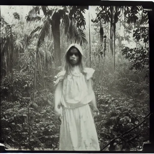 Prompt: an ancient evil-girl devouring the human souls on a mysterious Colombian jungle, mist, abandoned house, 1910 polaroid photography, grainy film, Black and white