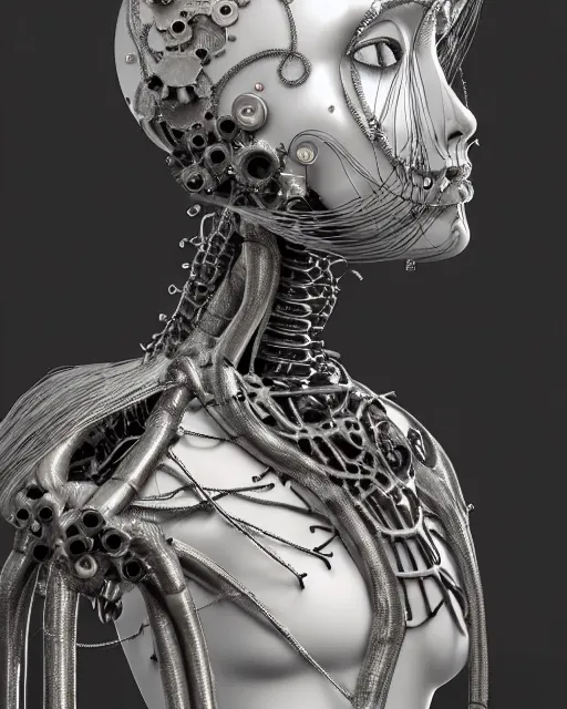 Image similar to black and white dreamy foggy smoky profile face portrait, one silver steampunk eye biomechanical beautiful young female cyclope - cyborg - robot bust, body ribs meshes,, volumetric light, hibiscus flowers, by hg giger, rim light, by dora maar and cecile beaton, big gothic fashion pearl embroidered collar, 8 k