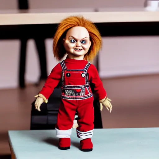 Image similar to chucky the killer doll on standing on a work bench table