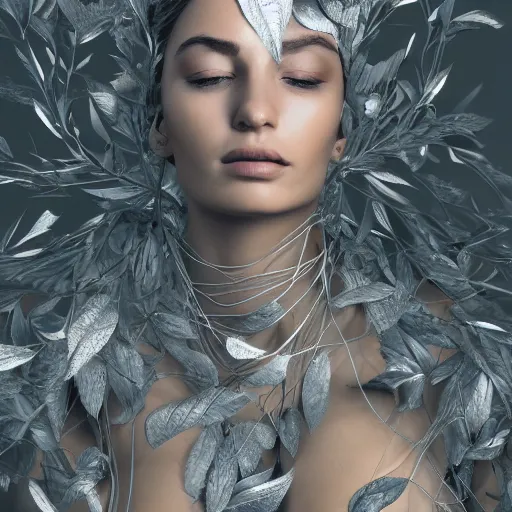 Image similar to a highly detailed digital image of a futuristic woman elegantly wrapped with leaves which are made of silver, by Andrea Chiampo, artstation and Frederik Heyman, extremely detailed woman, stunning volumetric lighting, hyper realism, fantasy 4k
