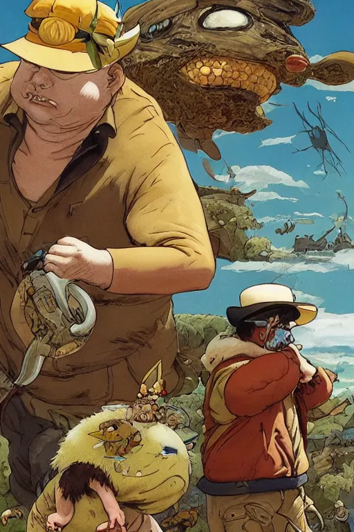 Image similar to full page illustration, a proud hunter wearing a pith hat has poached a snorlax pokemon, jean giraud, Katsuhiro Otomo, Geof Darrow, Phil hale, Ashley wood, Ilya repin, frank frazetta8k, hd, high resolution