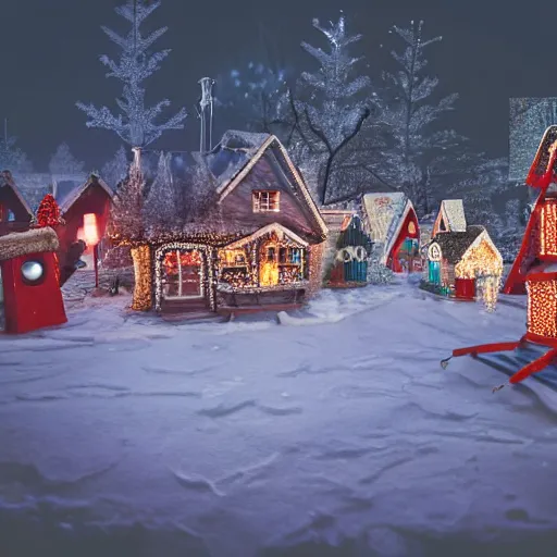 Image similar to Christmas village with snow at night horror atmosphere scary lighting string lights silhouette in the distance photorealistic HDR