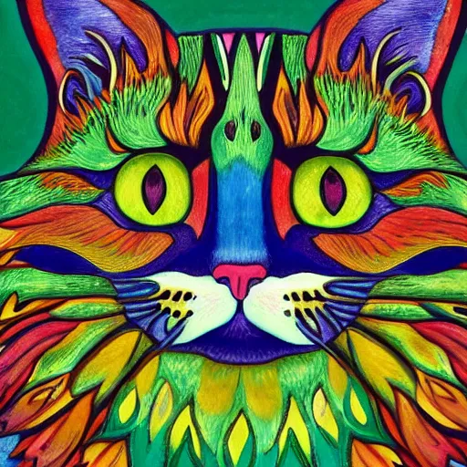 Prompt: colourful green man as a cat face by louis wain and william morris, extreme closeup, 8 k, artstation