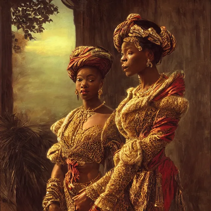 Prompt: longing look of an african empress at sunrise, portrait, highly detailed, backlit, bourgeoise, extremely opulent, ornate art, pompous, ornamental, richly detailed, digital art by wlop, adolph menzel, carvaggio