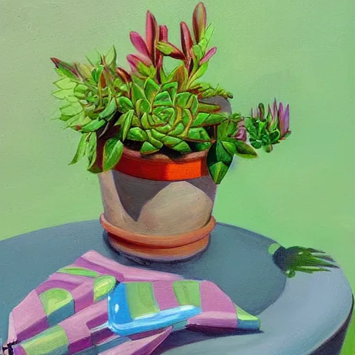 Prompt: painting by Tony Sart of a beautiful blonde woman with shoulder length hair in a forest green dress putting colorful succulents into rainbow pots at a square table