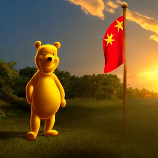 Prompt: 8 k 3 d render of winnie the pooh bravely saluting the chinese flag at sunset, golden hour, trending on artstation