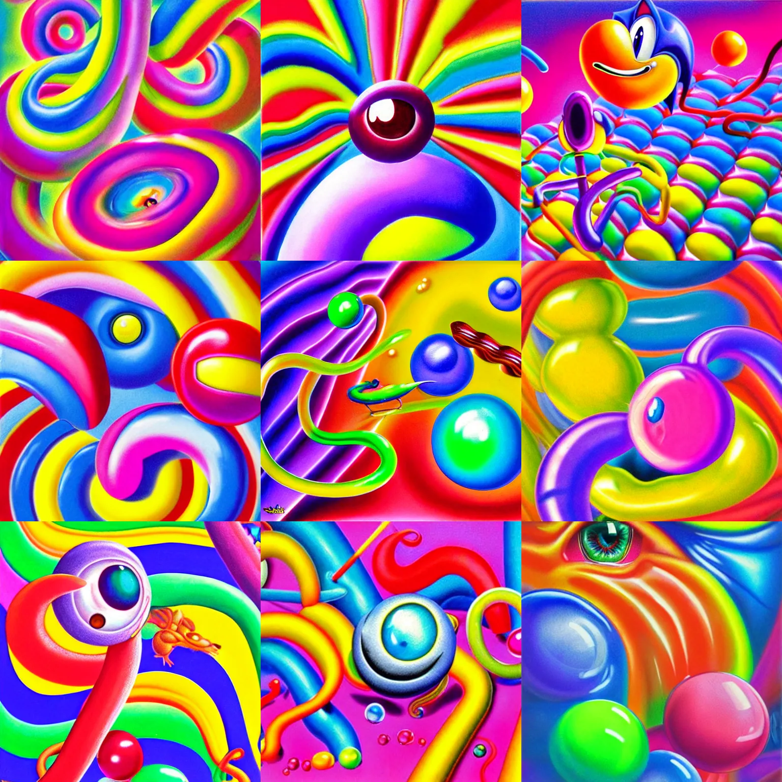 Prompt: surreal, sharp, detailed professional, soft pastels, high quality airbrush art album cover of a liquid bubbles airbrush art lsd taffy dmt sonic the hedgehog dashing through cotton candy, gummy worm checkerboard background, 1 9 9 0 s 1 9 9 2 sega genesis rareware video game eyeball