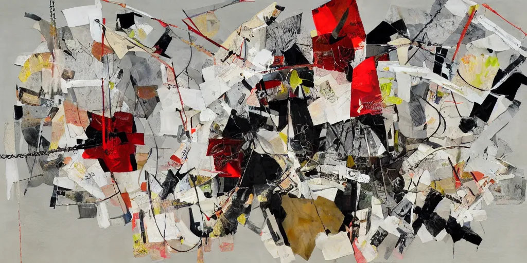 Image similar to mad dog on a chain, collage, sweeping paper and acrylic on canvas, minimalism and expressionism movement, breathtaking detailed, by natalia dumitrescu