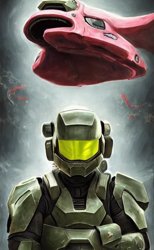 Image similar to lickitung pokemon playing as master chief, oil on canvas, intricate, 8 k highly professionally detailed, hdr, cgsociety